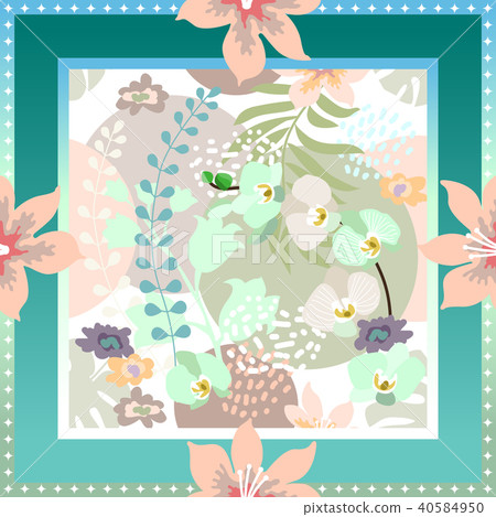 Silk scarf with framed floral composition. Silk scarf with framed floral composition. 40584950