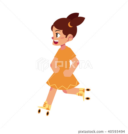 Kid girl roller skating isolated on white background - cartoon female child rollerblading. 40593494
