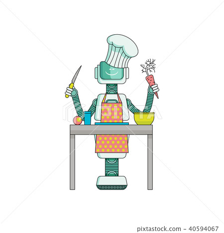 Robot cook prepares food in kitchen isolated on white background. Robot cook prepares food in kitchen isolated on white background. 40594067