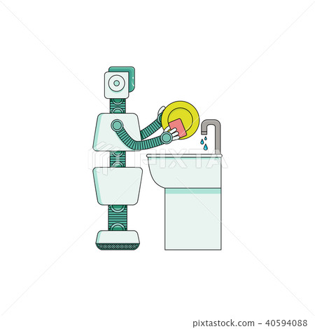 Robot home assistant washing dishes in kitchen washbasin isolated on white background. Robot home assistant washing dishes in kitchen washbasin isolated on white background. 40594088