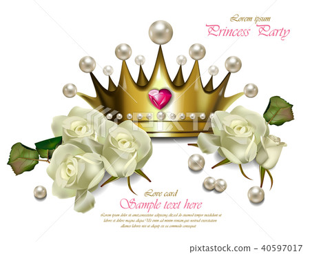 Beautiful pearl crown and white roses Vector 40597017