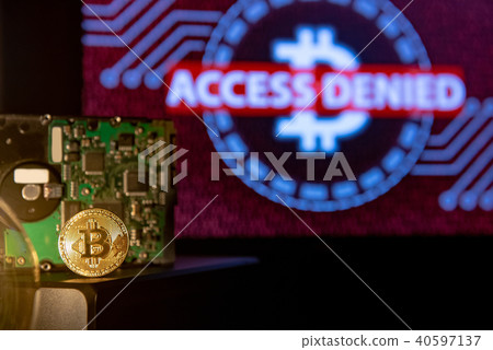 Gold Bitcoin with hard disk, access denied screen Gold Bitcoin with hard disk, access denied screen 40597137