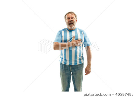 The soccer Argentinean fan celebrating on white background The soccer Argentinean fan celebrating on white background 40597493