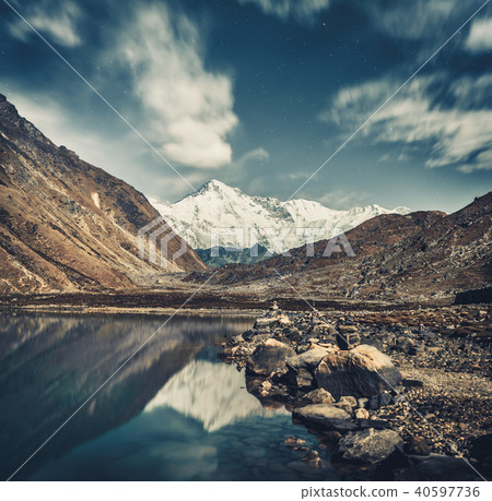 Gokyo Lake and the Himalayas in grey blue shades. 40597736