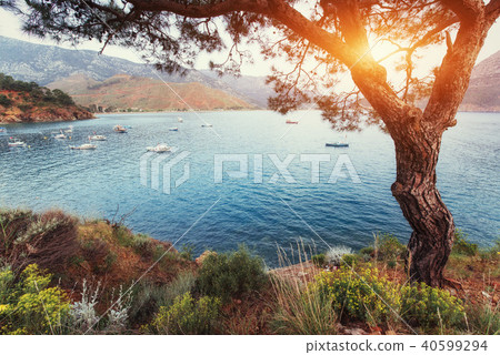 The picturesque sunset. View of the boats at sea. Turkey The picturesque sunset. View of the boats at sea. Turkey 40599294