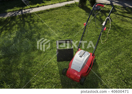 Mowing the lawn with electric red mower 40600471