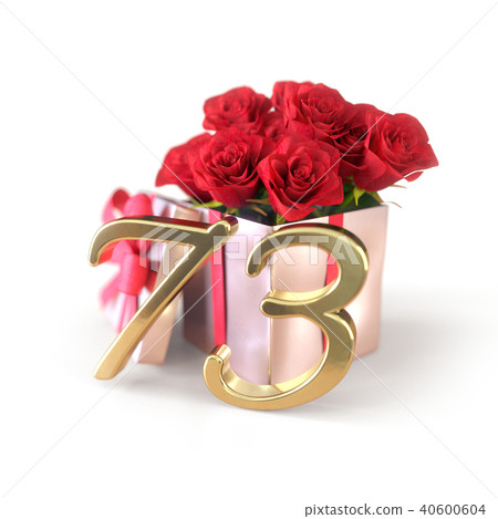 birthday concept with red roses in gift isolated on white background. seventy-third. 73rd. 3D render 40600604