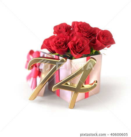 birthday concept with red roses in gift isolated on white background. seventy-fourth. 74th. 3D 40600605