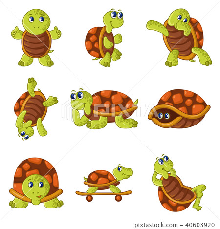 圖庫插圖: happy turtle icons set, cartoon style