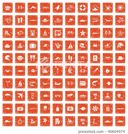100 sea life icons set grunge orange 100 sea life icons set grunge orange 40604974
