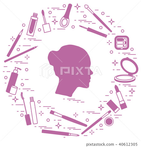 Silhouette of female head and various accessories 40612305