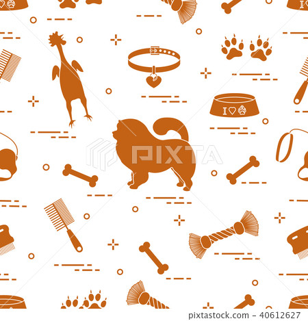 Pattern of silhouette chow-chow dog, bowl, bone, Pattern of silhouette chow-chow dog, bowl, bone, 40612627