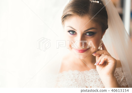 Luxury bride in white dress posing while preparing for the wedding ceremony Luxury bride in white dress posing while preparing for the wedding ceremony 40613154