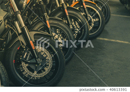 Closeup of new motorbike front wheel . Big bike Closeup of new motorbike front wheel . Big bike 40613391