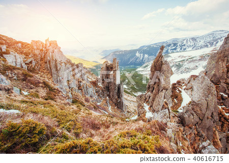 Colorful spring landscape of mountain ranges in the Carpathians Colorful spring landscape of mountain ranges in the Carpathians 40616715