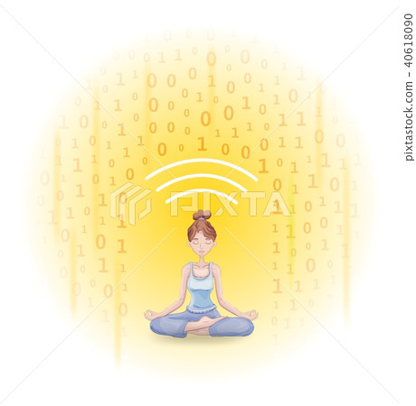 Meditation and digital detox. Meditating woman protected from shower of information. Flat vector 40618090
