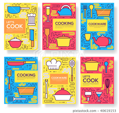 Premium quality cookware vector brochure cards thin line set. Kitchen table linear template of Premium quality cookware vector brochure cards thin line set. Kitchen table linear template of 40619153