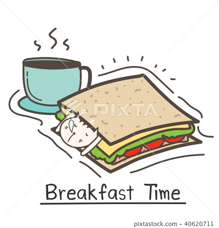 Breakfast Time With Cute Cat Sandwich And Coffee. Breakfast Time With Cute Cat Sandwich And Coffee. 40620711