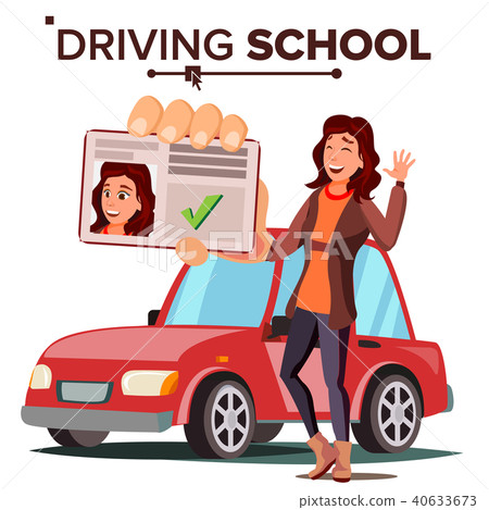 Woman In Driving School Vector. Training Car. Successful Pass Exam. Driving License. Isolated Flat Woman In Driving School Vector. Training Car. Successful Pass Exam. Driving License. Isolated Flat 40633673