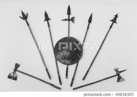 weapons of a warrior, spears, axes, shield. weapons of a warrior, spears, axes, shield. 40638305