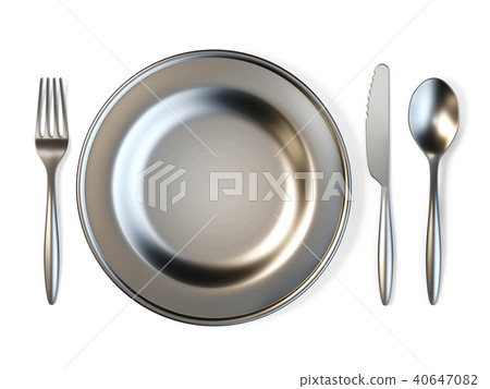 Metal plate, fork, knife and spoon 3D 40647082