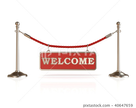 Velvet rope barrier, with WELCOME sign. 3D Velvet rope barrier, with WELCOME sign. 3D 40647659