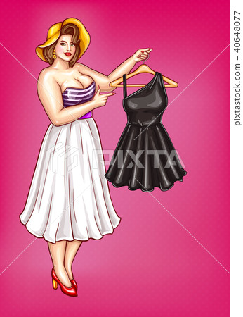 Vector pop art fat woman holds hanger with dress Vector pop art fat woman holds hanger with dress 40648077