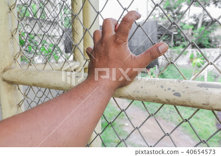 Hand with steel mesh fence  in Jail  40654573