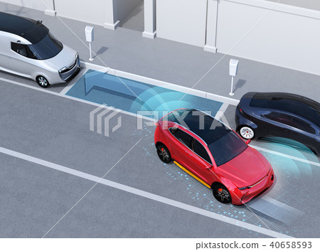 檢查停車位,自動停車概念SUV。左撇子自動停車概念(右轉向) 檢查停車位,自動停車概念SUV。左撇子自動停車概念(右轉向) 40658593