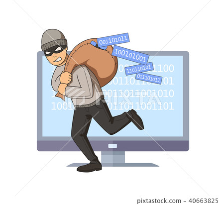 Masked burglar jumping out of computer with bag of code on his shoulder. Flat vector illustration 40663825