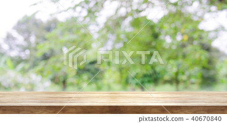 Empty wooden table top with blurred green garden. 40670840