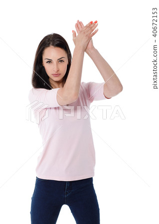 beautiful brunette woman in pink t-shirt beautiful brunette woman in pink t-shirt 40672153