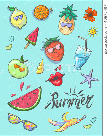 Set of summer fashion patches, fun stickers, cute badges vector in cartoon style Set of summer fashion patches, fun stickers, cute badges vector in cartoon style 40673497