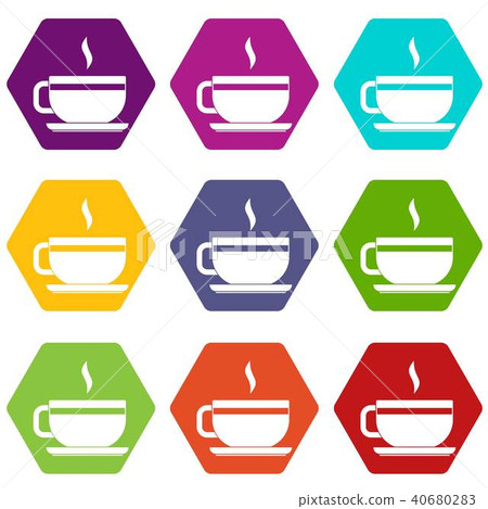 Tea cup and saucer icon set color hexahedron Tea cup and saucer icon set color hexahedron 40680283
