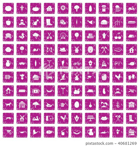 100 farm icons set grunge pink 40681269