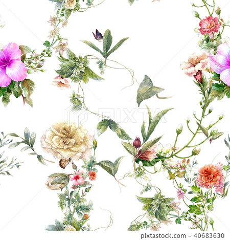Watercolor painting of leaf and flowers, seamless Watercolor painting of leaf and flowers, seamless 40683630