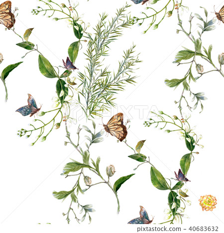 Watercolor painting of leaf and flowers, seamless Watercolor painting of leaf and flowers, seamless 40683632