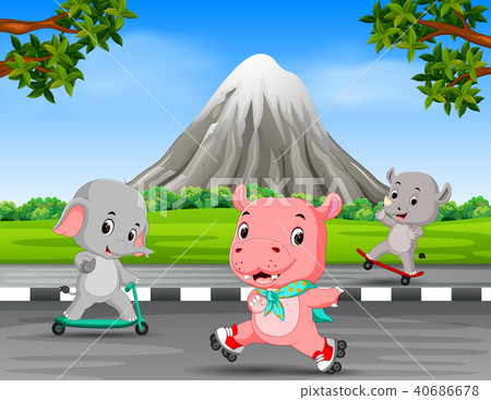 three animals playing in the road three animals playing in the road 40686678