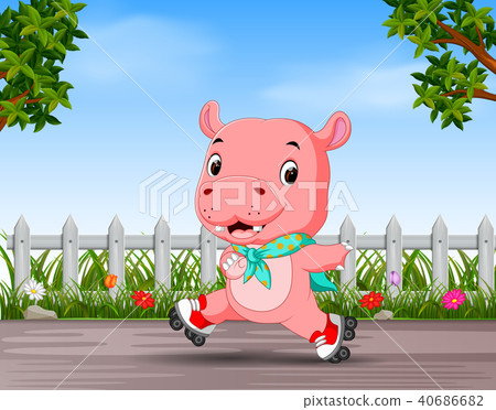 funny hippo playing roller skate in the road funny hippo playing roller skate in the road 40686682