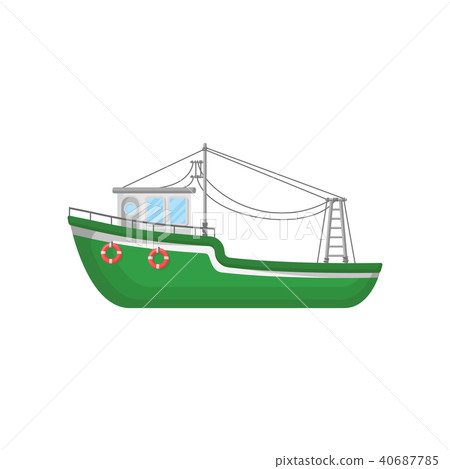 Green fishing trawler. Ship for industrial seafood production. Big boat with lifebuoys. Flat vector 40687785