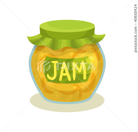 Transparent jar with lemon jam. Glass pot with sticker and lid. Sweet dessert made from citrus fruit Transparent jar with lemon jam. Glass pot with sticker and lid. Sweet dessert made from citrus fruit 40688424
