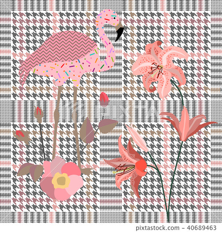 Checkered  print with lilies, roses and flamingo. 40689463