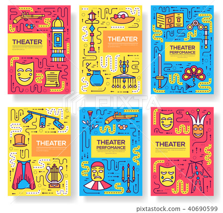 Premium quality theater vector brochure cards thin line set. Festival masquerade linear template of 40690599