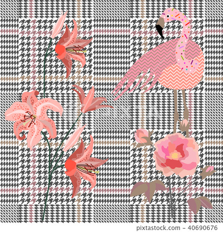 Checkered print with lilies, roses and flamingo. Checkered print with lilies, roses and flamingo. 40690676