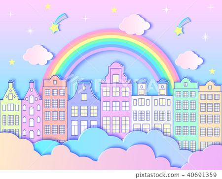 city, rainbow,stars, and clouds. 40691359