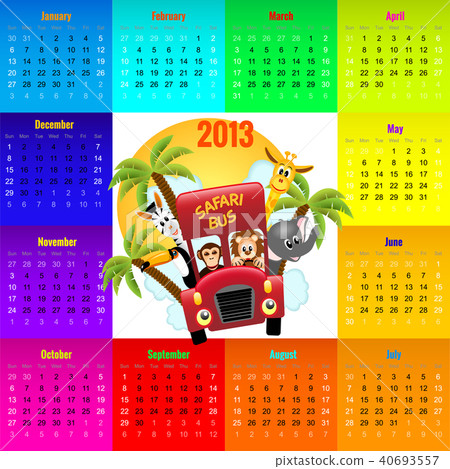 colorful calendar 2013 with animals riding red bus colorful calendar 2013 with animals riding red bus 40693557