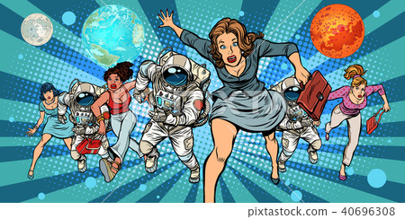 women and astronauts running into the future in space 40696308