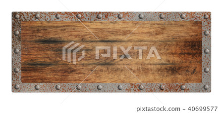 Old blank wooden sign with metal border isolated 40699577