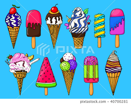 Realistic Sweet ice cream with caramel and waffle cone, chocolate and lollipops and strawberry Realistic Sweet ice cream with caramel and waffle cone, chocolate and lollipops and strawberry 40700281