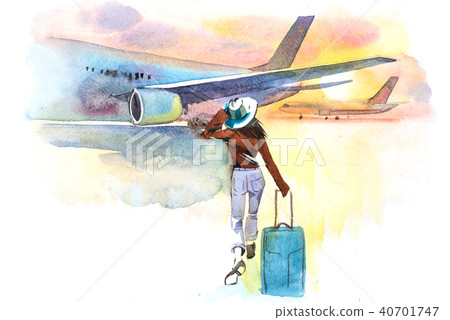 Woman traveler boarding airplane, rear view. Departure. Girl at an airport about to board an 40701747